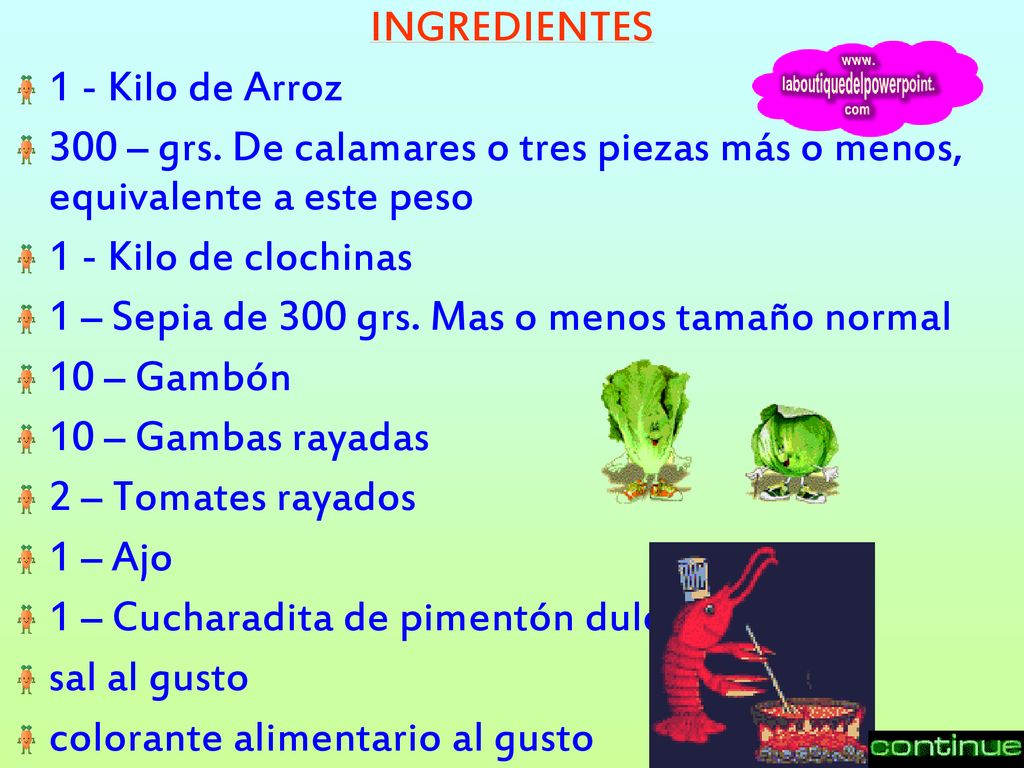 INGREDIENTES 1 - Kilo de Arroz. 300 – grs. De calamares o tres piezas más o menos, equivalente a este peso.