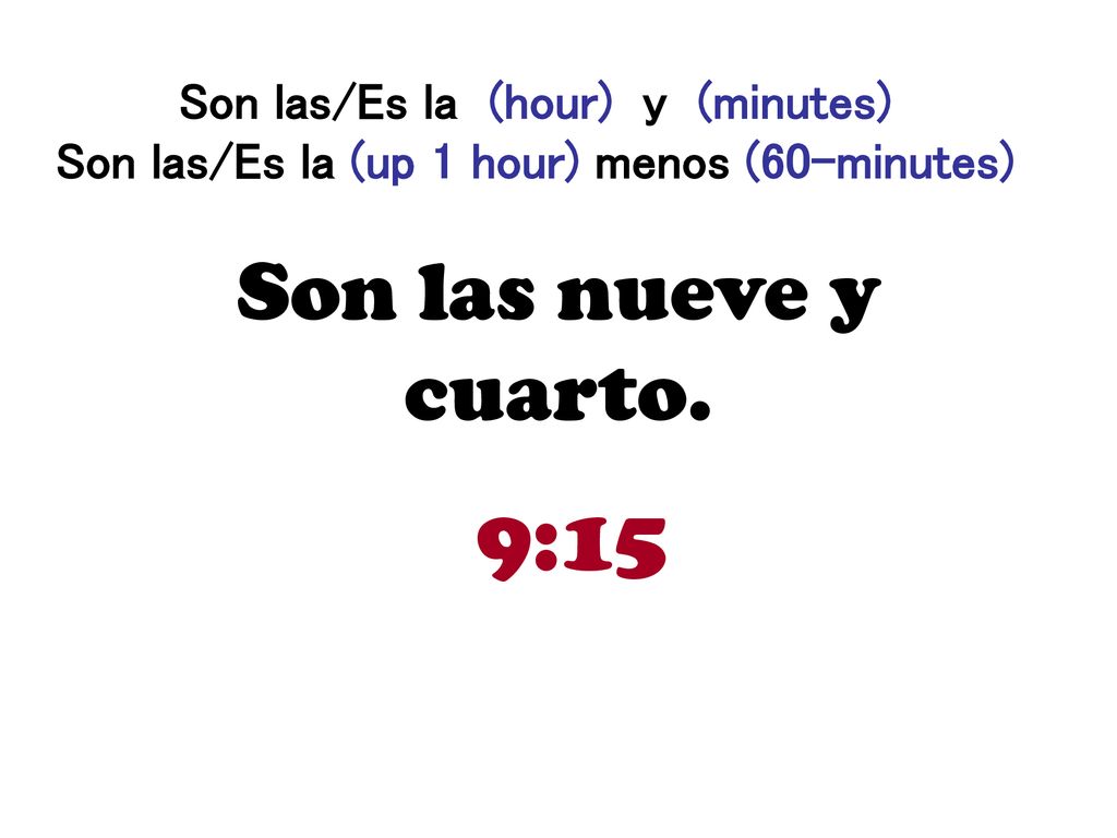 Son las/Es la (hour) y (minutes) Son las/Es la (up 1 hour) menos (60-minutes)