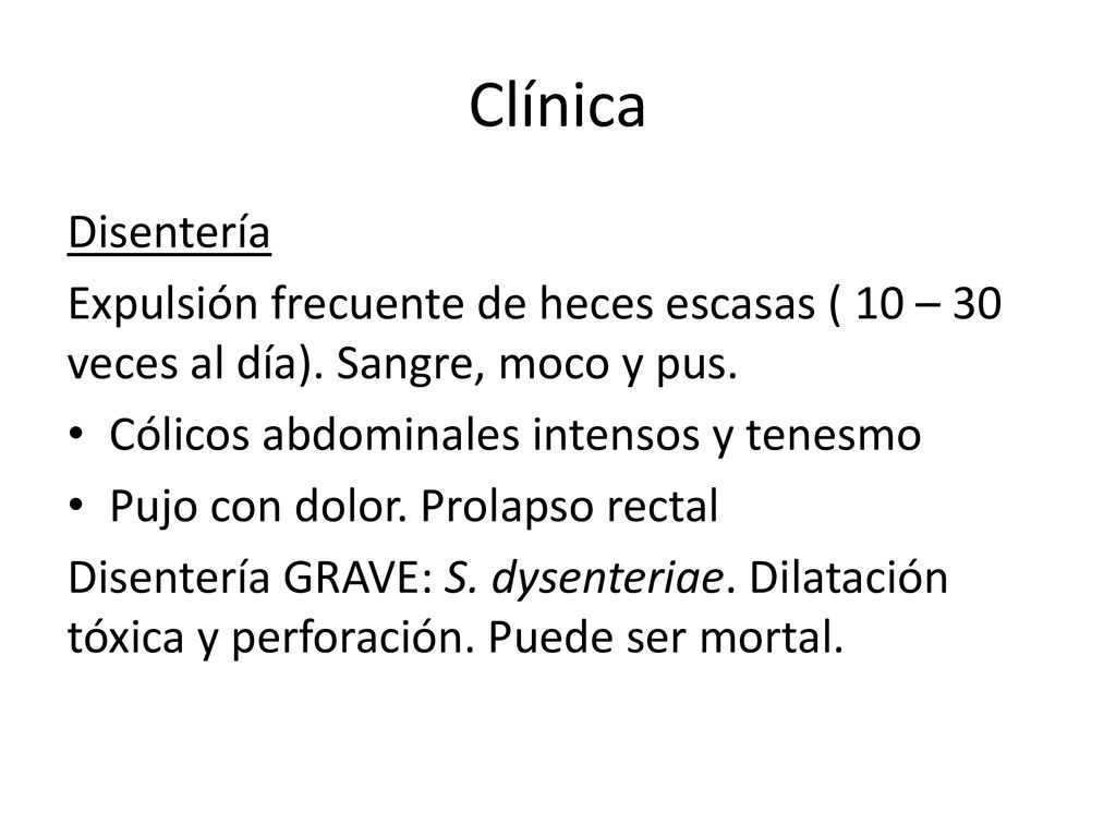 Clínica Disentería. Expulsión frecuente de heces escasas ( 10 – 30 veces al día). Sangre, moco y pus.