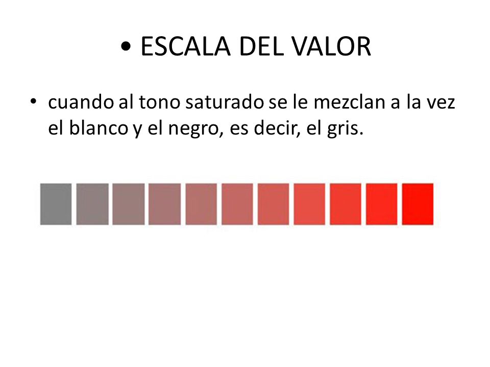 • ESCALA DEL VALOR cuando al tono saturado se le mezclan a la vez el blanco y el negro, es decir, el gris.