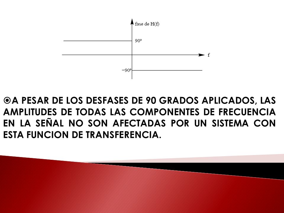 A PESAR DE LOS DESFASES DE 90 GRADOS APLICADOS, LAS AMPLITUDES DE TODAS LAS COMPONENTES DE FRECUENCIA EN LA SEÑAL NO SON AFECTADAS POR UN SISTEMA CON ESTA FUNCION DE TRANSFERENCIA.