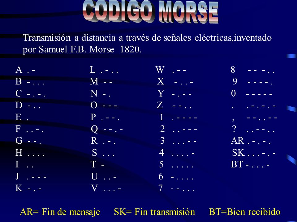 CODIGO MORSE CODIGO MORSE. Transmisión a distancia a través de señales eléctricas,inventado. por Samuel F.B. Morse