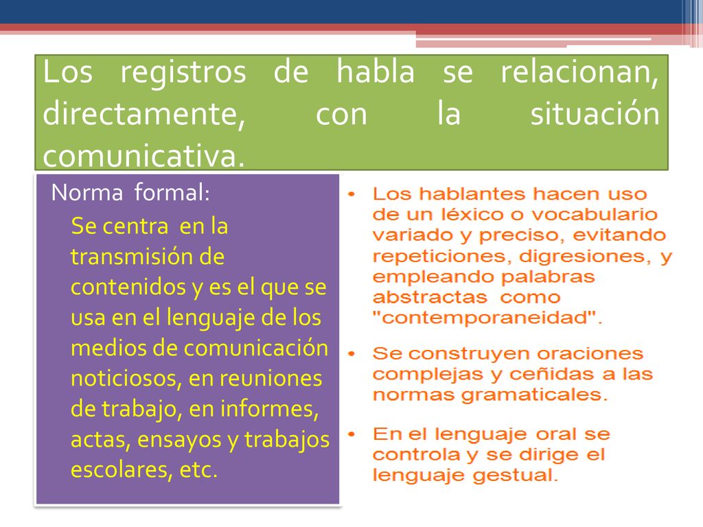 Los registros de habla se relacionan, directamente, con la situación comunicativa.