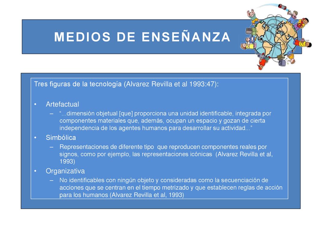 MEDIOS DE ENSEÑANZA Tres figuras de la tecnología (Alvarez Revilla et al 1993:47): Artefactual.
