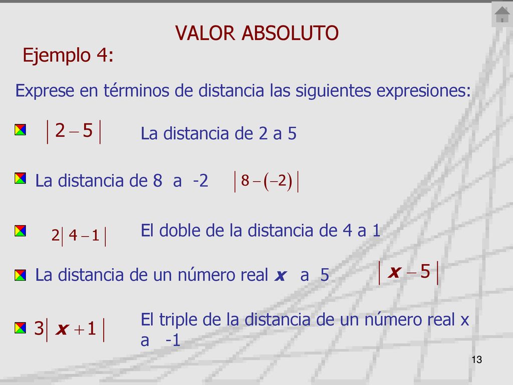 VALOR ABSOLUTO Exprese en términos de distancia las siguientes expresiones: La distancia de 2 a 5.