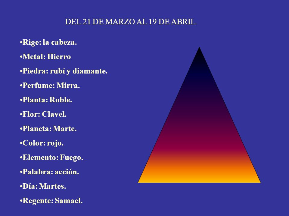 DEL 21 DE MARZO AL 19 DE ABRIL. Rige: la cabeza. Metal: Hierro. Piedra: rubí y diamante. Perfume: Mirra.