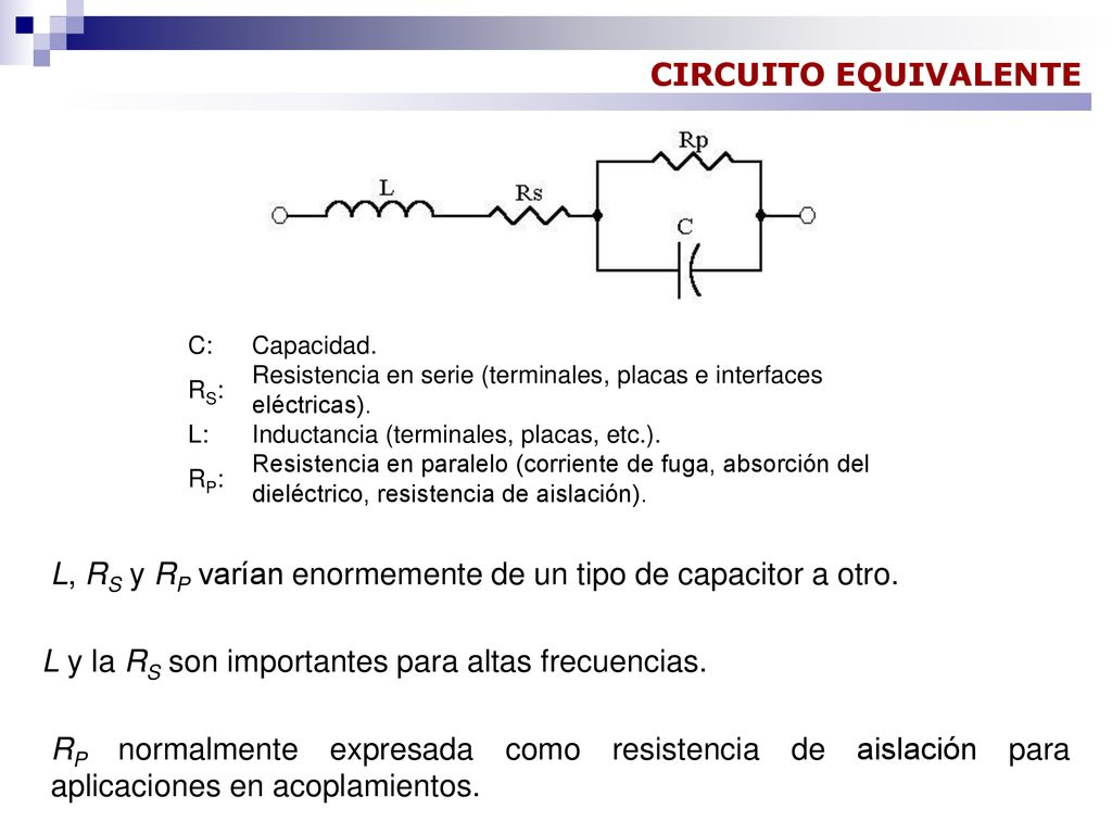 L, RS y RP varían enormemente de un tipo de capacitor a otro.