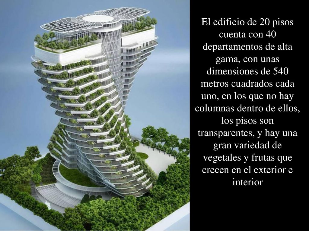 El edificio de 20 pisos cuenta con 40 departamentos de alta gama, con unas dimensiones de 540 metros cuadrados cada uno, en los que no hay columnas dentro de ellos, los pisos son transparentes, y hay una gran variedad de vegetales y frutas que crecen en el exterior e interior