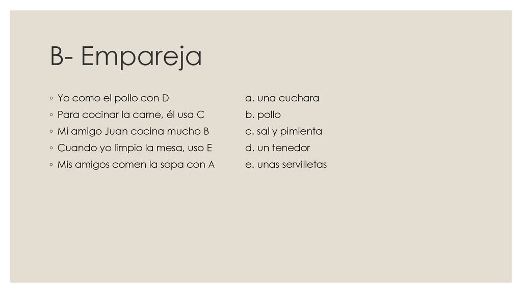 B- Empareja Yo como el pollo con D a. una cuchara