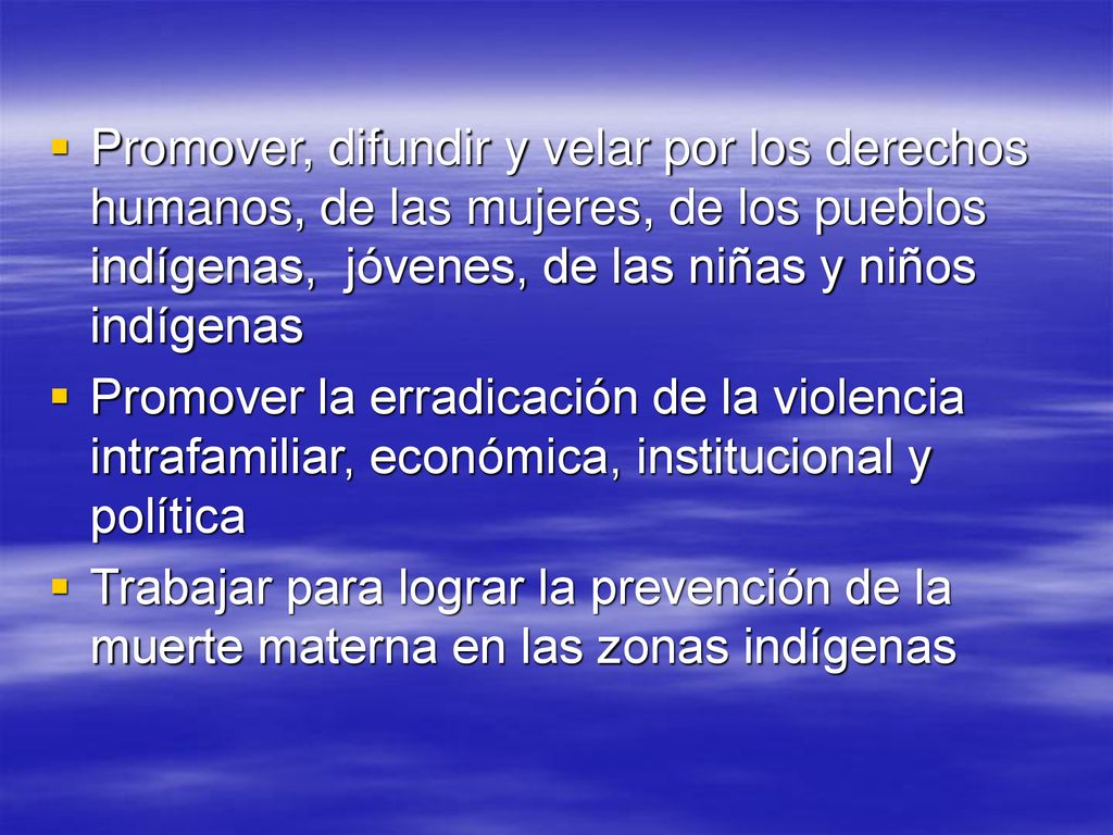 Promover, difundir y velar por los derechos humanos, de las mujeres, de los pueblos indígenas, jóvenes, de las niñas y niños indígenas