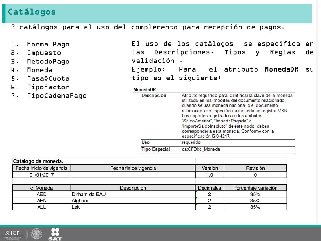 Catálogos 7 catálogos para el uso del complemento para recepción de pagos. Forma Pago. Impuesto. MetodoPago.