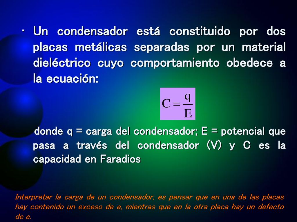 Un condensador está constituido por dos placas metálicas separadas por un material dieléctrico cuyo comportamiento obedece a la ecuación: