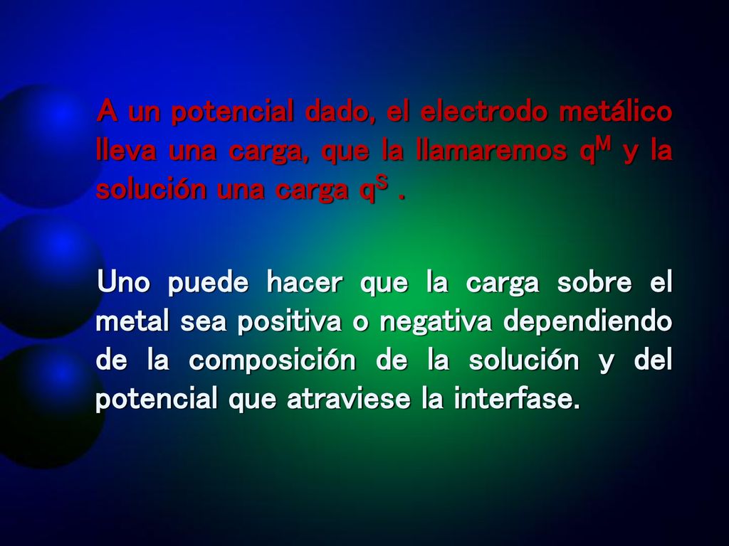 A un potencial dado, el electrodo metálico lleva una carga, que la llamaremos qM y la solución una carga qS .