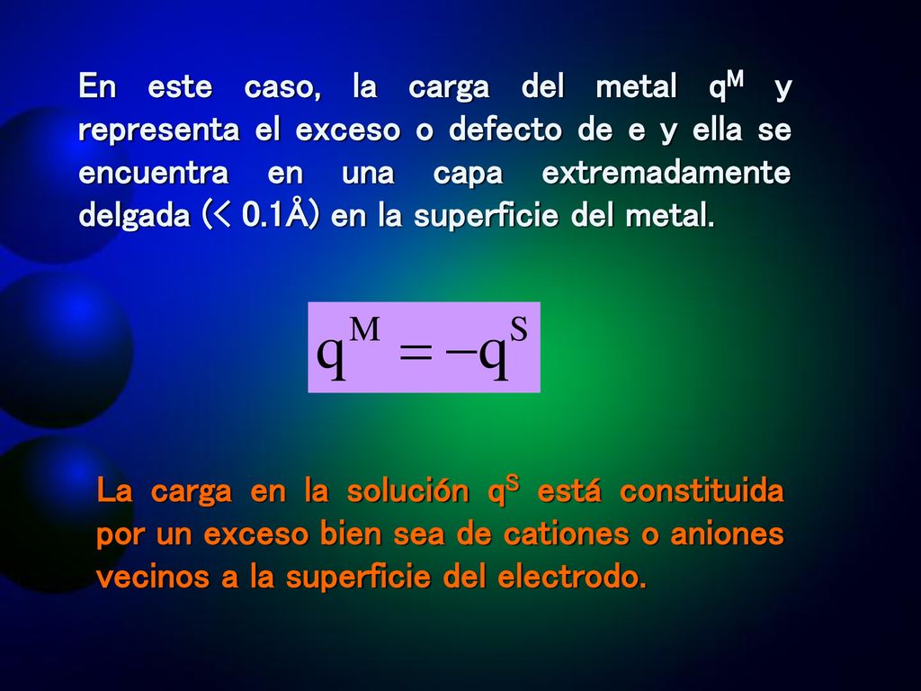En este caso, la carga del metal qM y representa el exceso o defecto de e y ella se encuentra en una capa extremadamente delgada (< 0.1Å) en la superficie del metal.