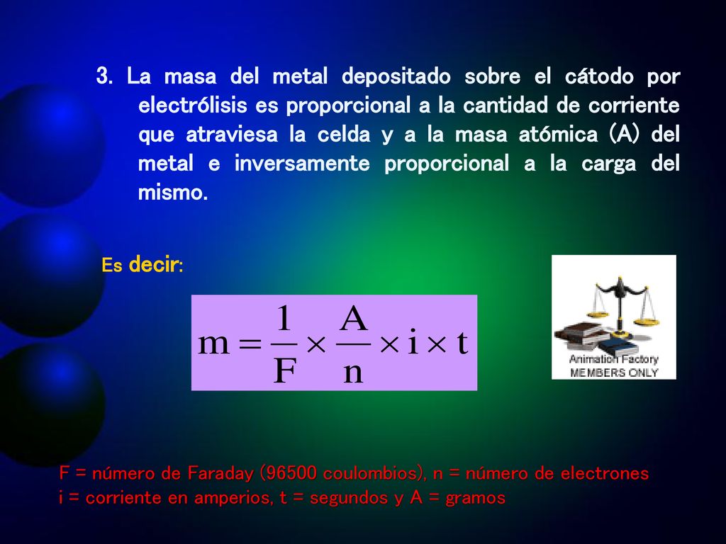3. La masa del metal depositado sobre el cátodo por electrólisis es proporcional a la cantidad de corriente que atraviesa la celda y a la masa atómica (A) del metal e inversamente proporcional a la carga del mismo.