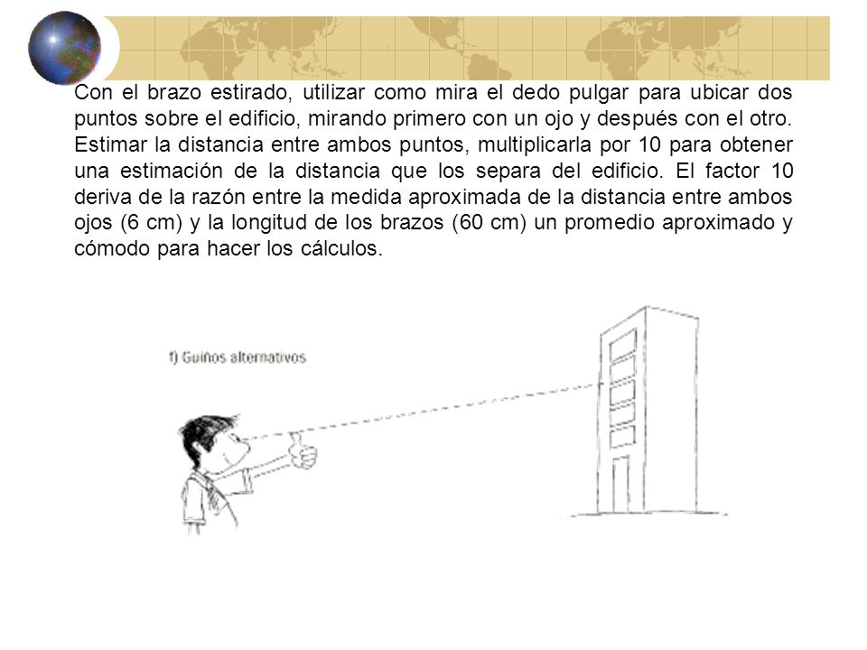 Con el brazo estirado, utilizar como mira el dedo pulgar para ubicar dos puntos sobre el edificio, mirando primero con un ojo y después con el otro.