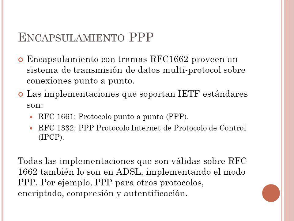 Encapsulamiento PPP Encapsulamiento con tramas RFC1662 proveen un sistema de transmisión de datos multi-protocol sobre conexiones punto a punto.
