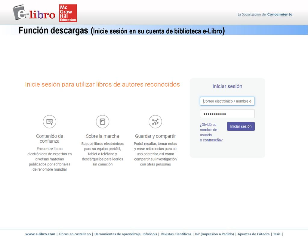 Función descargas (Inicie sesión en su cuenta de biblioteca e-Libro)