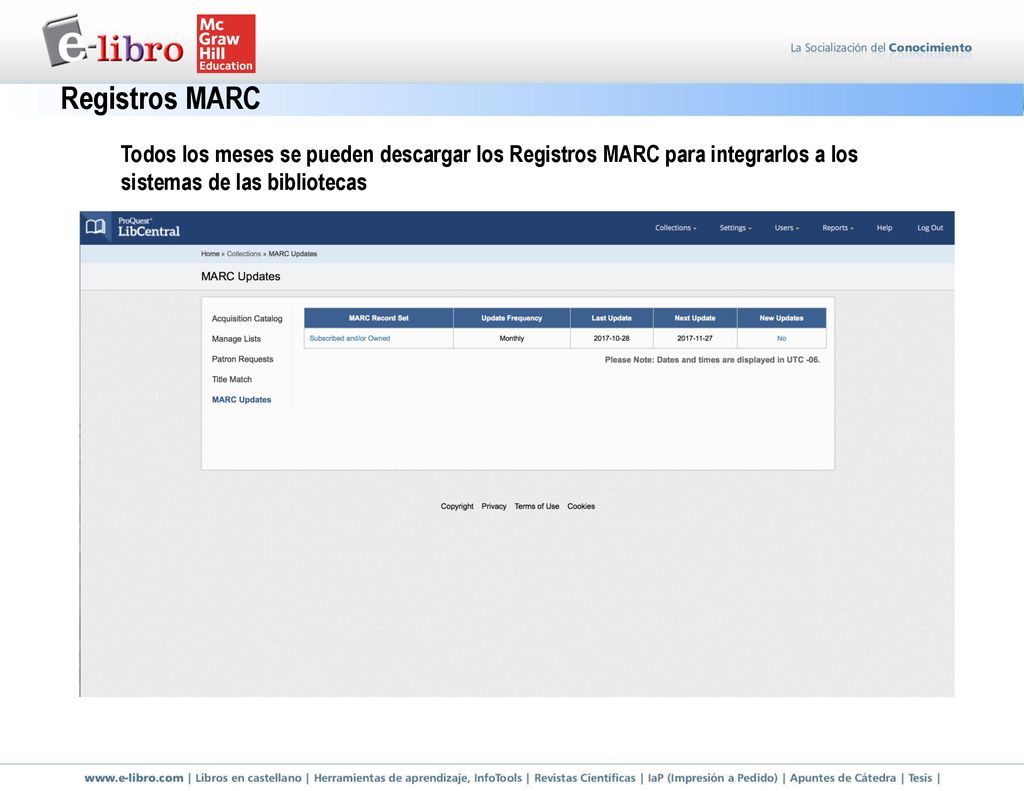 Registros MARC Todos los meses se pueden descargar los Registros MARC para integrarlos a los sistemas de las bibliotecas.