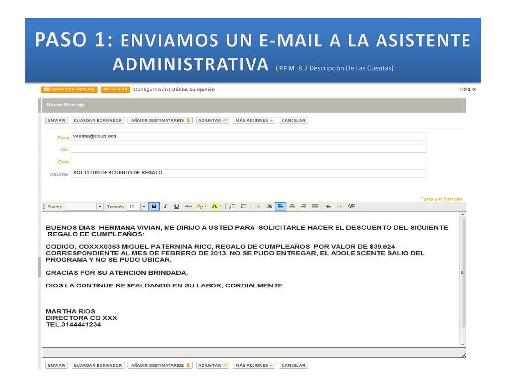PASO 1: ENVIAMOS UN  A LA ASISTENTE ADMINISTRATIVA (PFM 8
