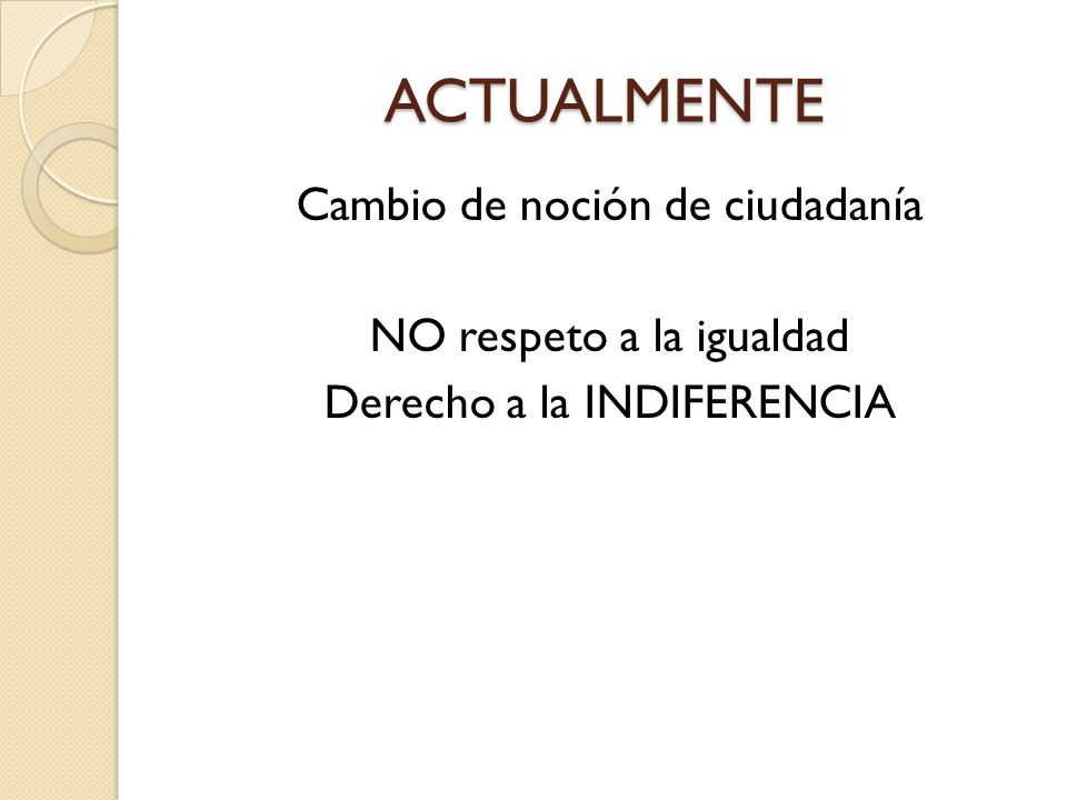 ACTUALMENTE Cambio de noción de ciudadanía NO respeto a la igualdad Derecho a la INDIFERENCIA