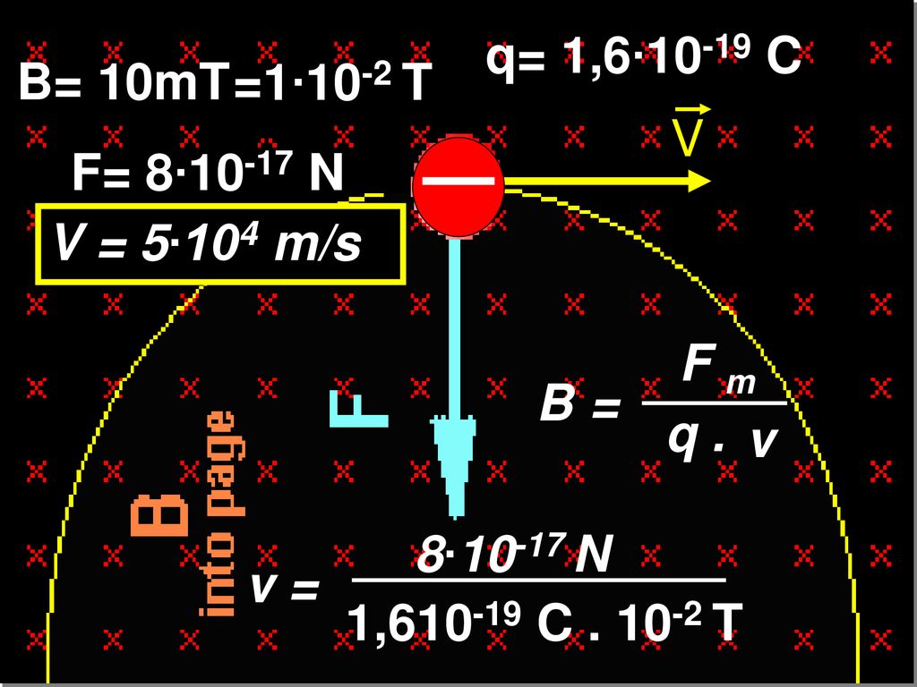q= 1,6∙10-19 C B= 10mT. =1∙10-2 T. V. F= 8∙10-17 N. V = 5∙104 m/s. F m. B. = q . v. 8∙10-17 N.
