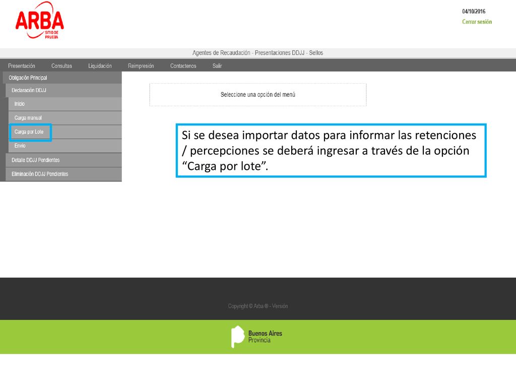 Si se desea importar datos para informar las retenciones / percepciones se deberá ingresar a través de la opción Carga por lote .