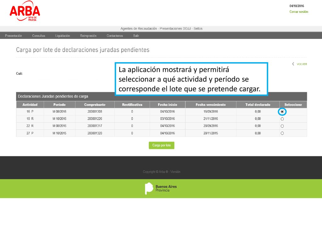 La aplicación mostrará y permitirá seleccionar a qué actividad y período se corresponde el lote que se pretende cargar.