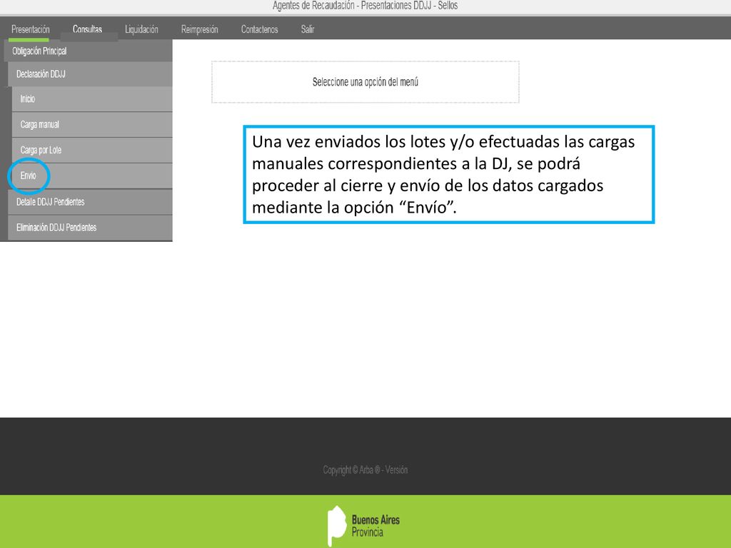 Una vez enviados los lotes y/o efectuadas las cargas manuales correspondientes a la DJ, se podrá proceder al cierre y envío de los datos cargados mediante la opción Envío .