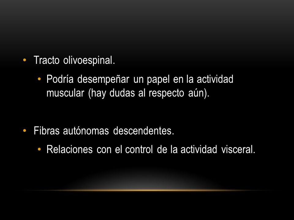 Tracto olivoespinal. Podría desempeñar un papel en la actividad muscular (hay dudas al respecto aún).
