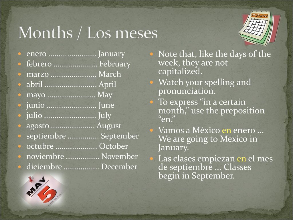 Months / Los meses enero January. febrero February. marzo March.