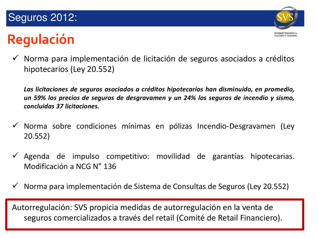 Seguros 2012: Regulación. Norma para implementación de licitación de seguros asociados a créditos hipotecarios (Ley )