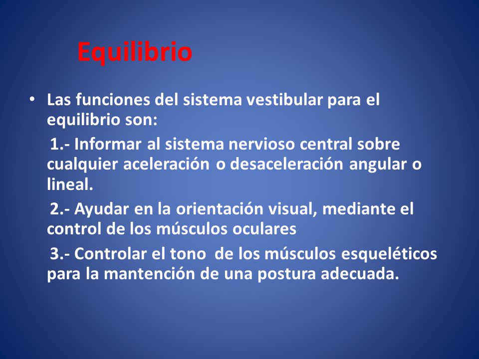 Equilibrio Las funciones del sistema vestibular para el equilibrio son: