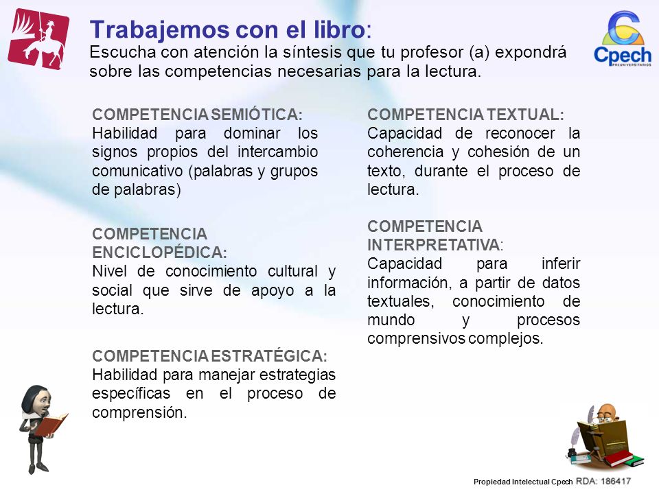 Trabajemos con el libro: Escucha con atención la síntesis que tu profesor (a) expondrá sobre las competencias necesarias para la lectura.