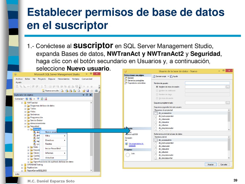 Establecer permisos de base de datos en el suscriptor