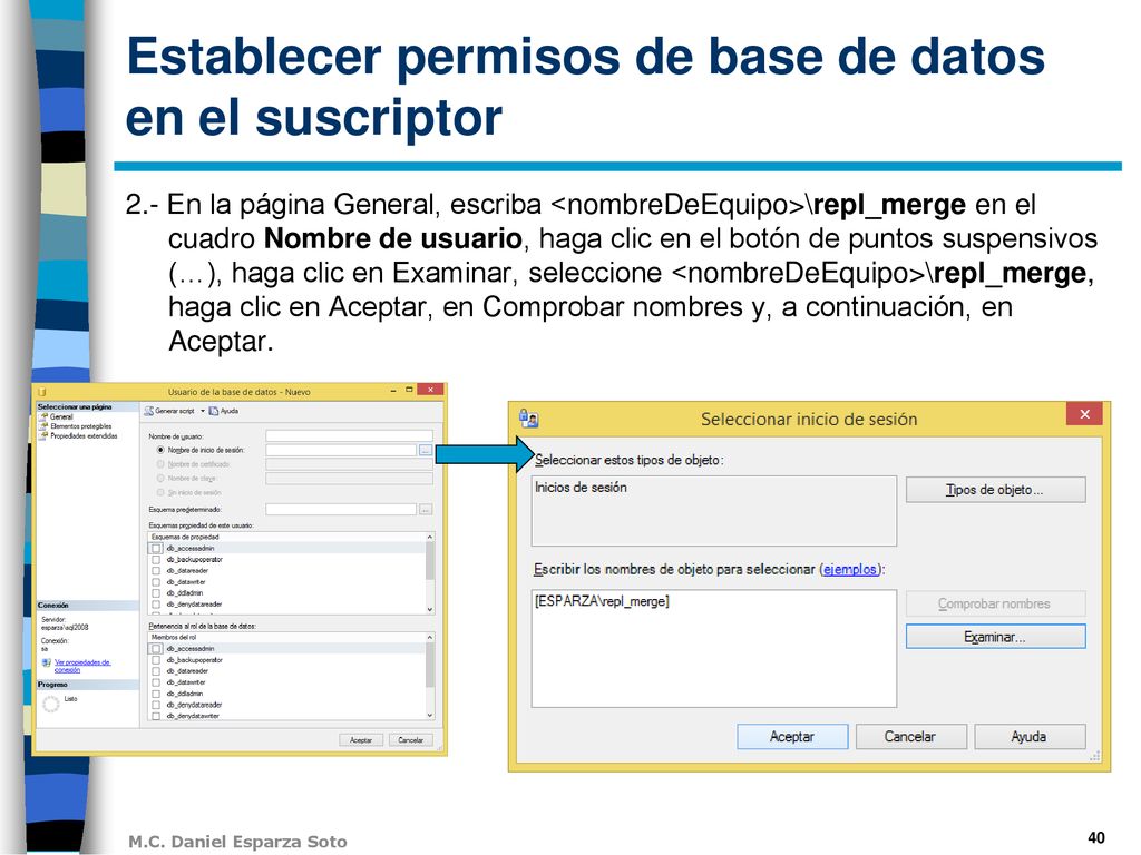 Establecer permisos de base de datos en el suscriptor