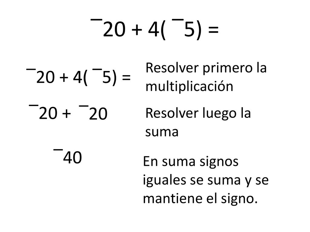 ‾20 + 4( ‾5) = Resolver primero la multiplicación. ‾20 + 4( ‾5) = 4( ‾5) ‾20 + ‾20. Resolver luego la suma.