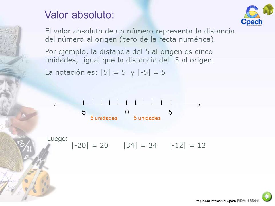 Valor absoluto: El valor absoluto de un número representa la distancia del número al origen (cero de la recta numérica).