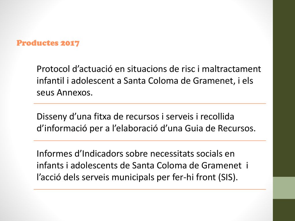 Productes 2017 Protocol d’actuació en situacions de risc i maltractament infantil i adolescent a Santa Coloma de Gramenet, i els seus Annexos.