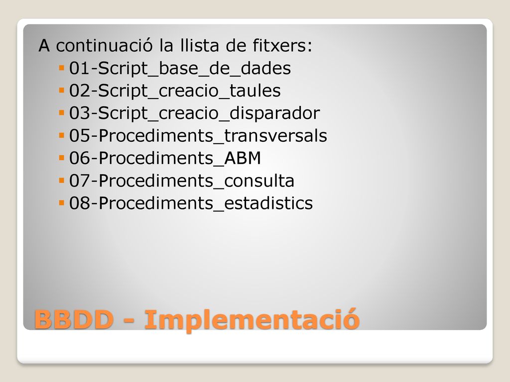 BBDD - Implementació A continuació la llista de fitxers:
