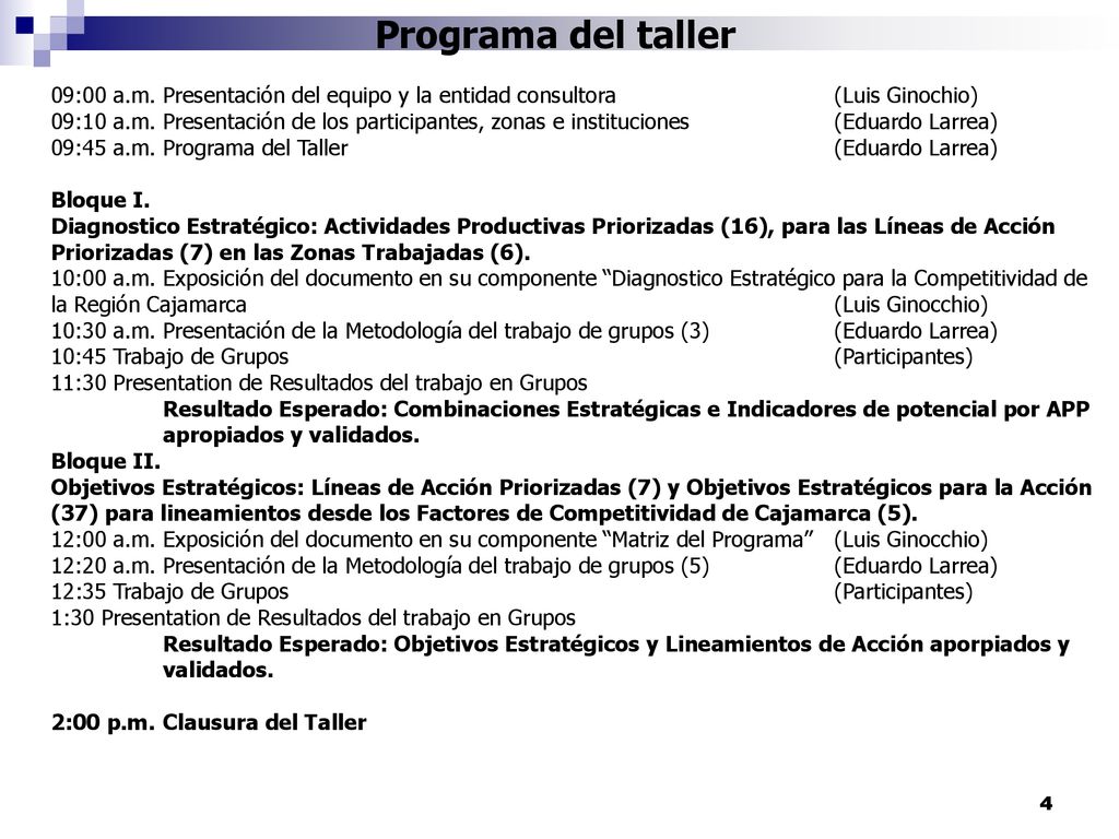 Programa del taller 09:00 a.m. Presentación del equipo y la entidad consultora (Luis Ginochio)