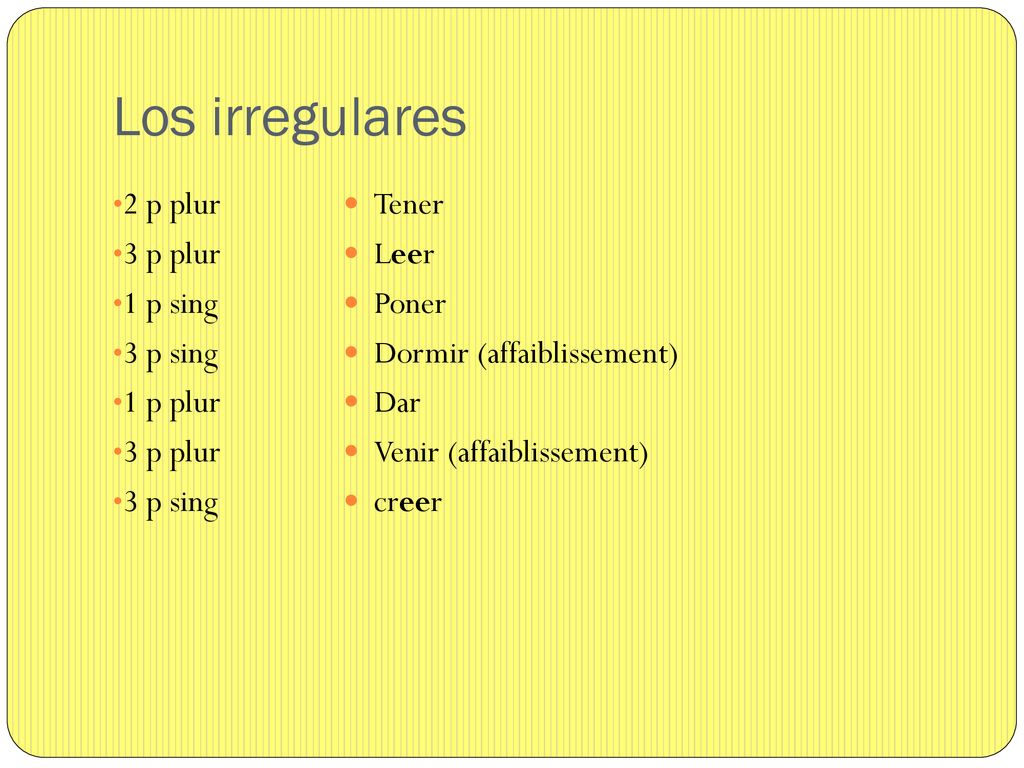 Los irregulares 2 p plur 3 p plur 1 p sing 3 p sing 1 p plur Tener