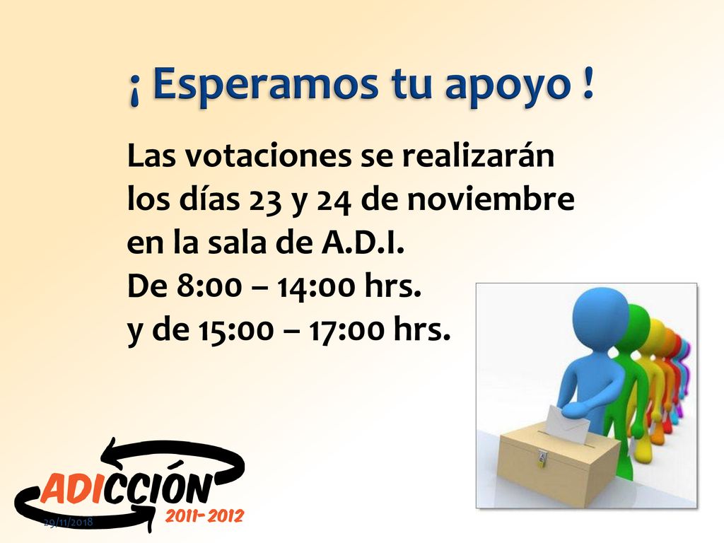 ¡ Esperamos tu apoyo ! Las votaciones se realizarán los días 23 y 24 de noviembre en la sala de A.D.I. De 8:00 – 14:00 hrs. y de 15:00 – 17:00 hrs.