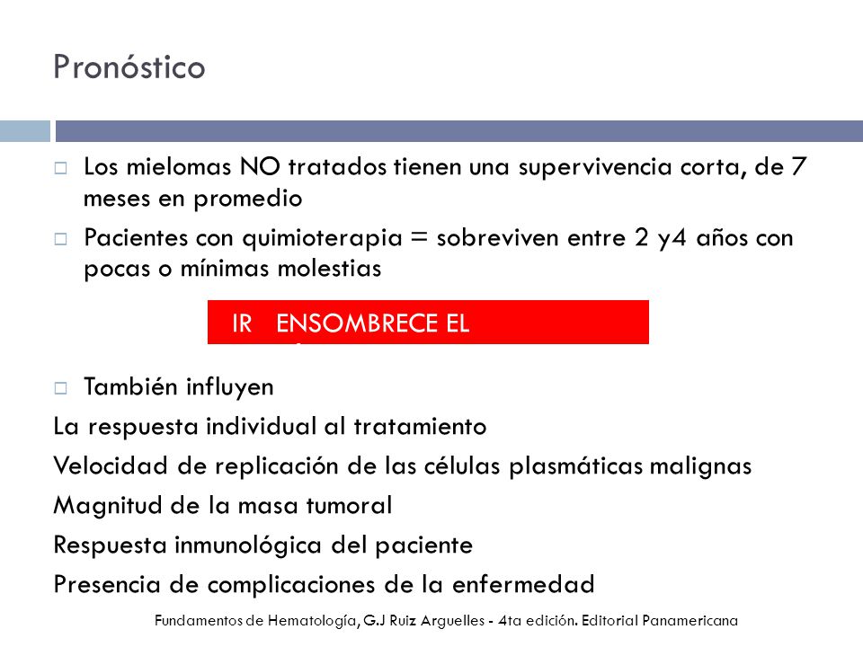 Pronóstico Los mielomas NO tratados tienen una supervivencia corta, de 7 meses en promedio.