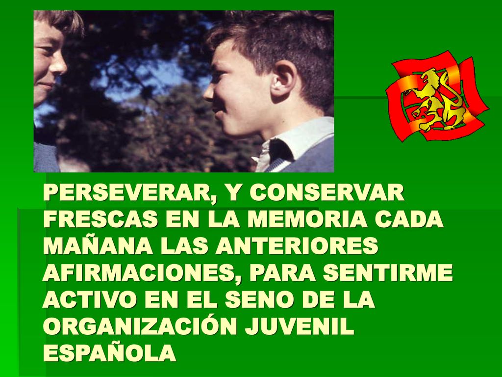 PERSEVERAR, Y CONSERVAR FRESCAS EN LA MEMORIA CADA MAÑANA LAS ANTERIORES AFIRMACIONES, PARA SENTIRME ACTIVO EN EL SENO DE LA ORGANIZACIÓN JUVENIL ESPAÑOLA