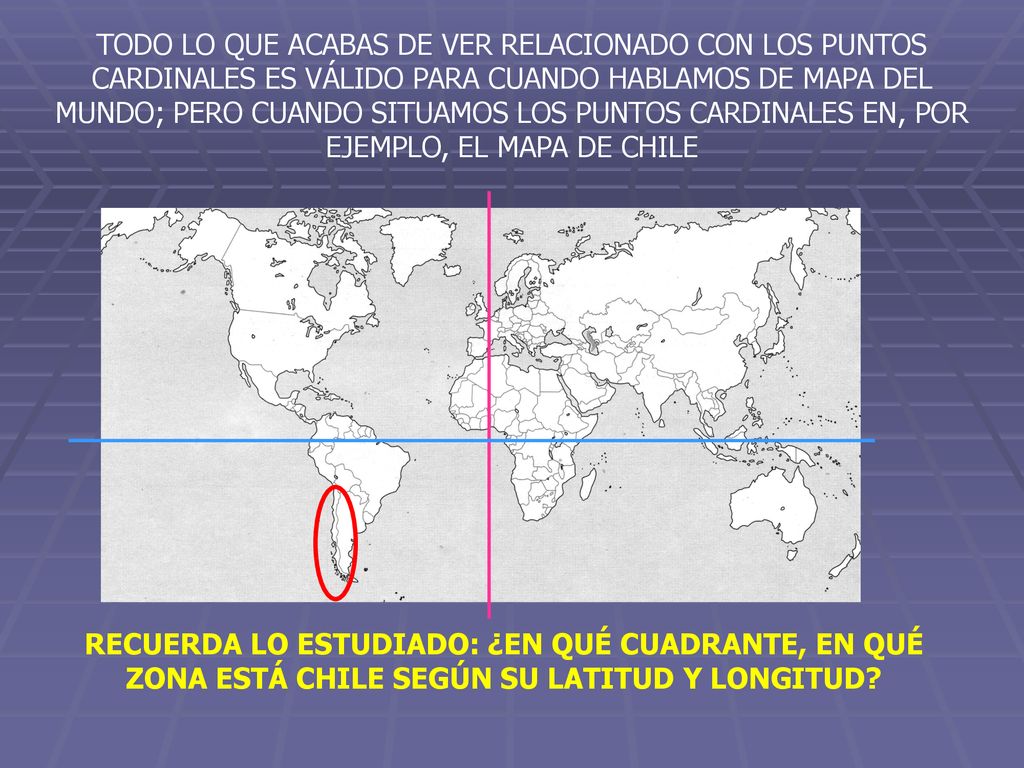 TODO LO QUE ACABAS DE VER RELACIONADO CON LOS PUNTOS CARDINALES ES VÁLIDO PARA CUANDO HABLAMOS DE MAPA DEL MUNDO; PERO CUANDO SITUAMOS LOS PUNTOS CARDINALES EN, POR EJEMPLO, EL MAPA DE CHILE