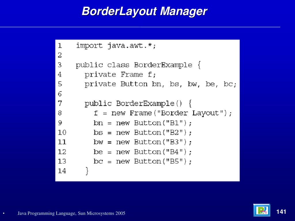 BorderLayout Manager 141 Java Programming Language, Sun Microsystems 2005