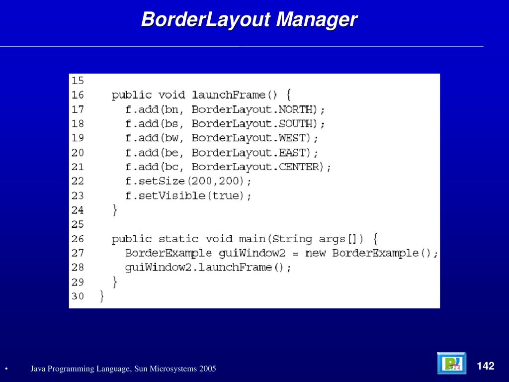 BorderLayout Manager 142 Java Programming Language, Sun Microsystems 2005