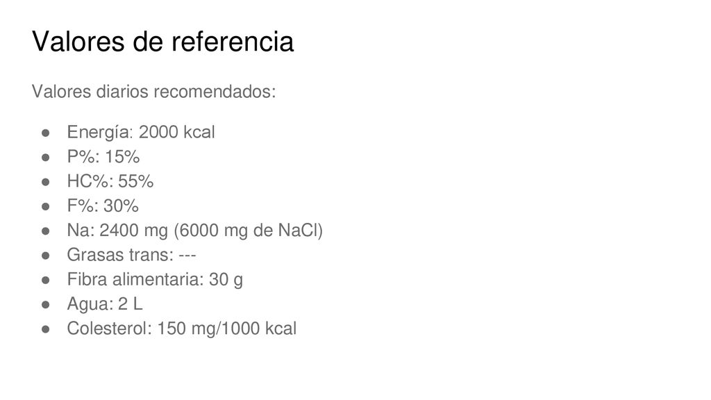 Valores de referencia Valores diarios recomendados: Energía: 2000 kcal