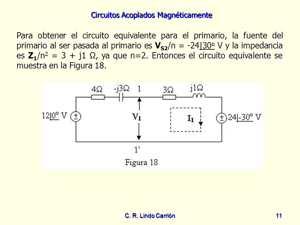 Para obtener el circuito equivalente para el primario, la fuente del primario al ser pasada al primario es VS2/n = -24|30o V y la impedancia es Z1/n2 = 3 + j1 Ω, ya que n=2. Entonces el circuito equivalente se muestra en la Figura 18.